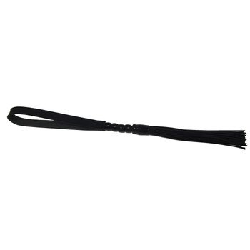A beaded black flogger resting on a white background