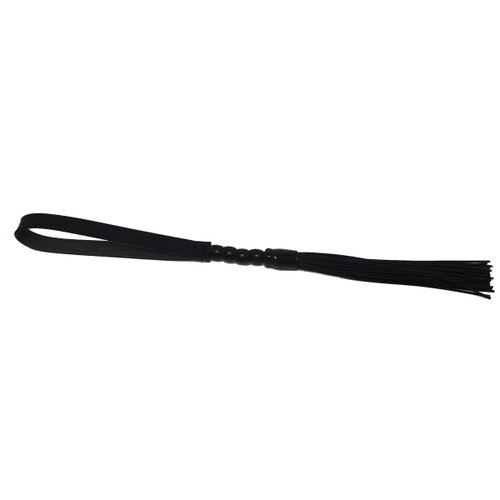 A beaded black flogger resting on a white background