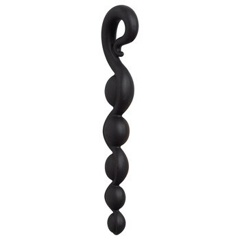 A flexible silicone rod of attached bendable black anal beads in graduating sizes with an artfully curved removal ring at the end.