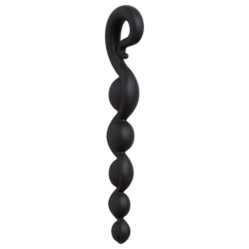A flexible silicone rod of attached bendable black anal beads in graduating sizes with an artfully curved removal ring at the end.