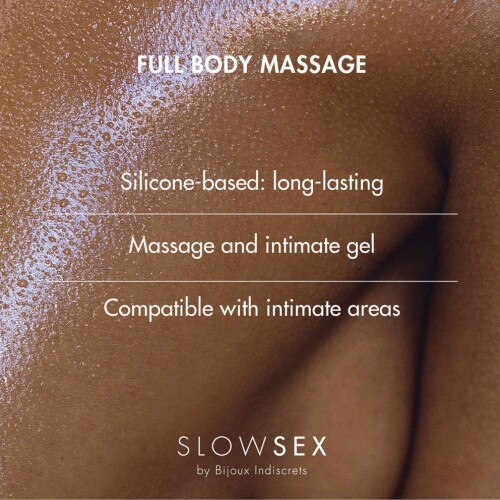 Wet Body arched with wording about Bijoux Indiscrets Slow Sex Full Body Massage Gel 1.69oz product including key points about the product