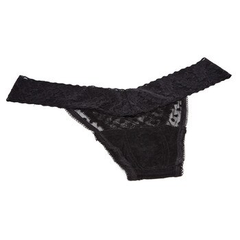 An image of a slightly transparent black lace thong resting on a white background.