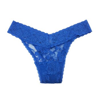 An image of a blue lace thong on a white background.