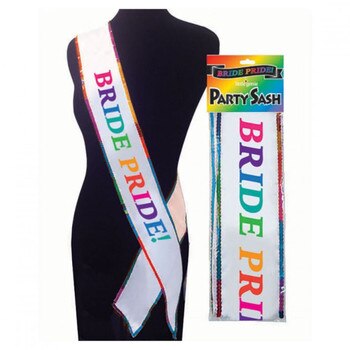Front View of a mannequin wearing the Bride Pride Sash next to the Sash in packaging on a white background