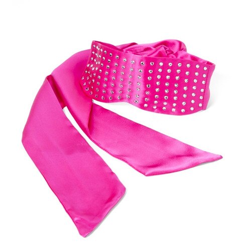 The pink satin rhinestone studded Camille mask coiled on a white background.