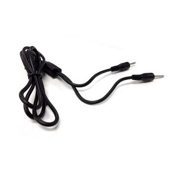 An image of a coiled black USB charging cable on a white background with two prong to charge both the massager and remote.