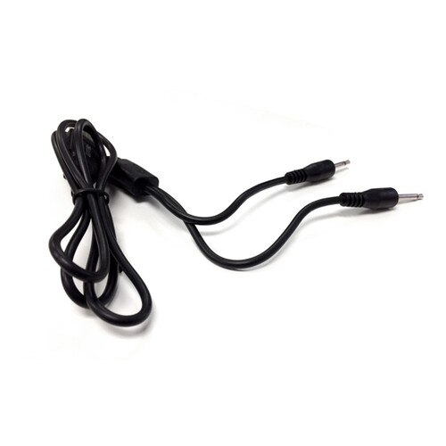 An image of a coiled black USB charging cable on a white background with two prong to charge both the massager and remote.