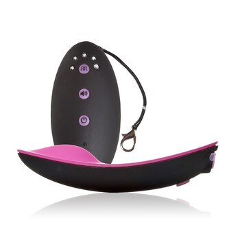 The club-vibe 2.OH wearable panty vibe and its remote control on a white background
