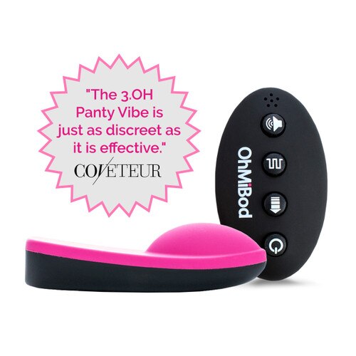 An image of the Club Vibe 3.OH panty vibe and its remote controlled with a press badge featuring the quote 'The 3.Oh Panty Vibe is just as discreet as it is effective.' - Coveteur