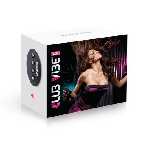 An image of the Club Vibe 3.OH box. The sides are white while the font has a picture of a woman dancing on a dark background with colored lights.