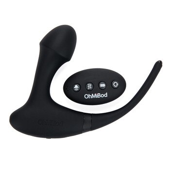 An image of the Club Vibe Hero vibrating anal toy and its remote control. The Hero has an angled insertable bulb for prostate stimulation, attached to a body with controls, and an antennae tail.