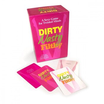 Front View of the Dirty Nasty Filthy Game Box with Cards laid out on a white background