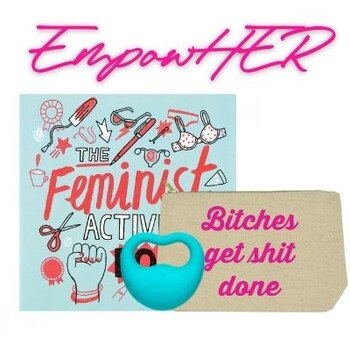 EmpowHER Gift Set including a lovelife rev, feminist activity book and bitches get shit done travel bag on a white background