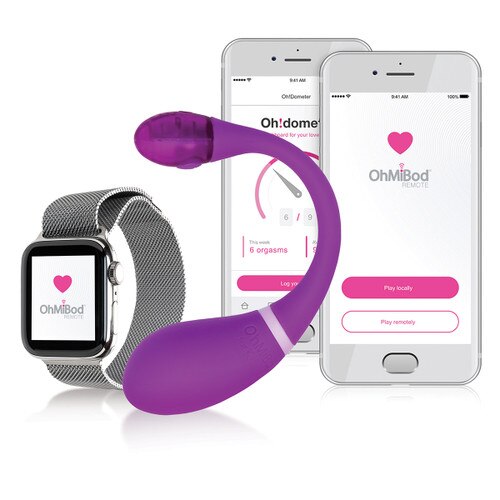 An image of OhMiBod powered by Kiiroo's Esca 2 insertable egg massager. To its left is an Apple Watch and to its right are two smartphones all displaying the OhMiBod Remote app.