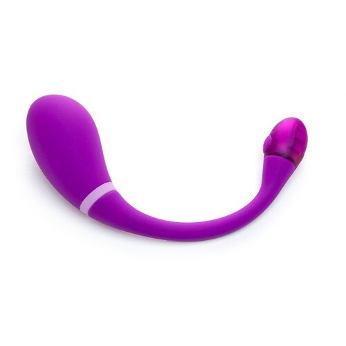 OhMiBod's interactive Esca 2 lying on its side on a white background. The operating button is on the LED-illuminating end of the massager's tail.