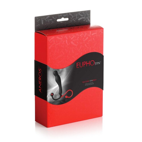 An image of the red and black box for the Aneros Eupho-Syn massager, standing upright on a white background.