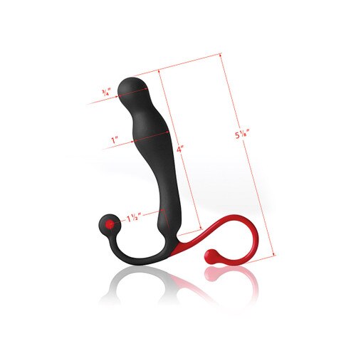 An image of the red and black silicone Eupho-Syn prostate massager by Aneros with measurements indicating its dimensions at various points.