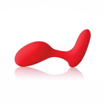 The red Evi dual-stimulating hands-free toy resting on a white background.