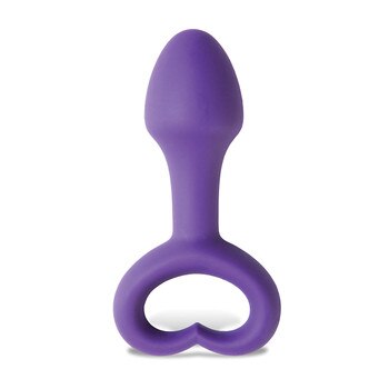 An image of the purple body-safe silicone Lovelife Explore simple pleasure plug on a white background. Its extraction ring is shaped into a stylized heart.