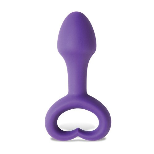 An image of the purple body-safe silicone Lovelife Explore simple pleasure plug on a white background. Its extraction ring is shaped into a stylized heart.