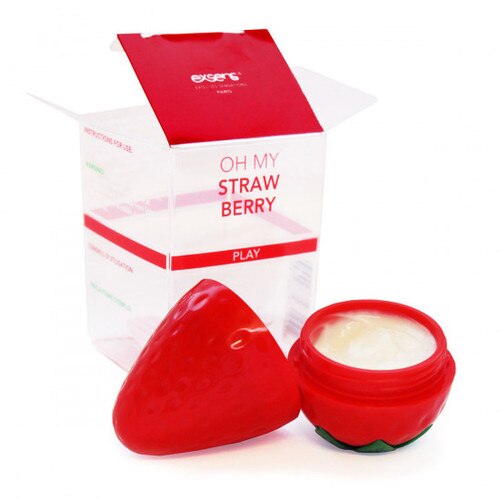 Front View of the Exsens Oh My Nipple Arousal Strawberry with product and box on white background