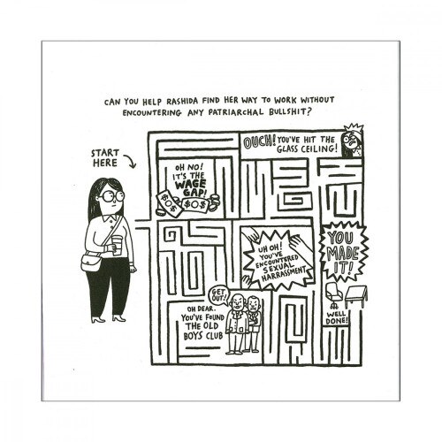 Front view of one of the activities from the Feminist Activity Book in black and white on a white background