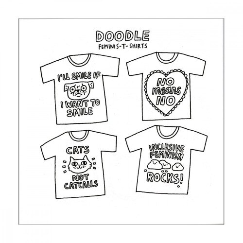 Front view of Doodle Feminist Tshirts black and white on a white background