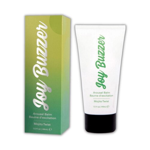 Front View of the Jelique Joy Buzzer Arousal Balm 1.5oz Mojito Twist as part of the Flying Solo Masturbation Month Gift Set on a white background