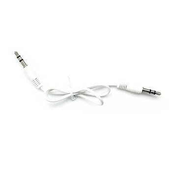 An image of a coiled white cable with two post jacks on a white background.