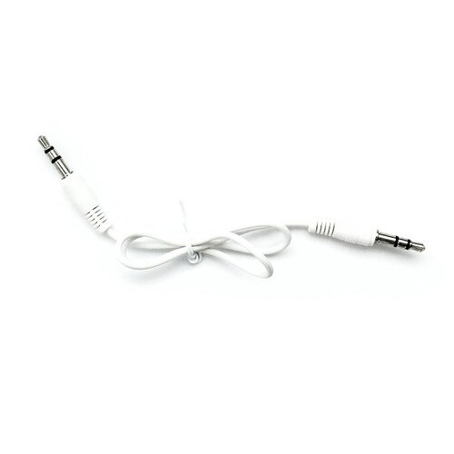 An image of a coiled white cable with two post jacks on a white background.