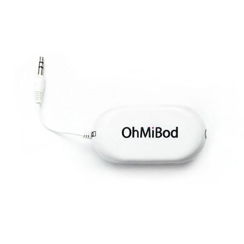 An image of a white transmitter with the OhMiBod logo and a short cable emerging from it with a post jack.