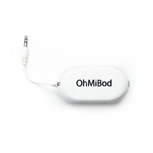An image of a white transmitter with the OhMiBod logo and a short cable emerging from it with a post jack.