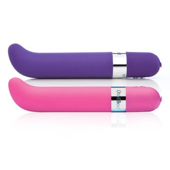An image of two Freestyle G OhMiBod vibrators, one in pink and one in purple. Both vibes are long narrow rods with angled tips for G-spot stimulation.