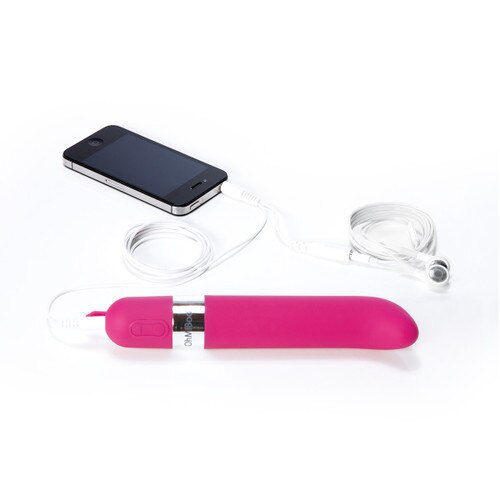 An image of a pink Freestyle G plugged into a music player with ear buds attached.