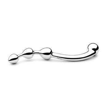 An image of a stainless steel s-shaped wand with three bulbs along one end and a single bulb on the other. It rests on a white background.