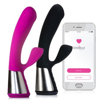A view of both the pink and black Fuse dual-stim massager standing beside each other in profile next to a smartphone with the OhMiBod Remote App.