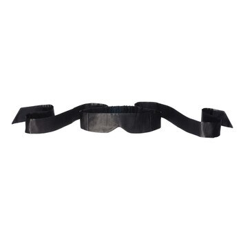 An image of a black satin blindfold with long ribbon ties arranged on a white background