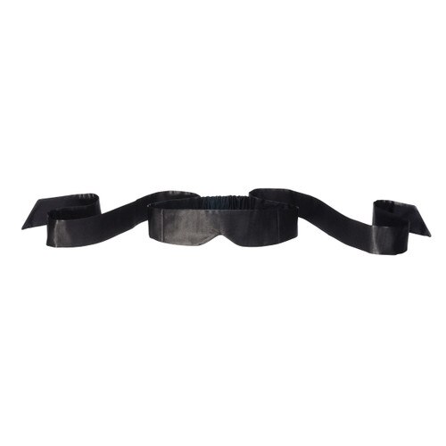 An image of a black satin blindfold with long ribbon ties arranged on a white background