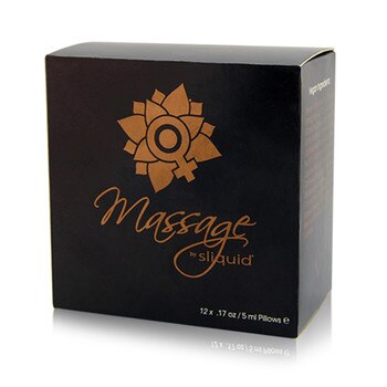 An image of a black box with gold lettering of Sliquid massage oil sample packs.
