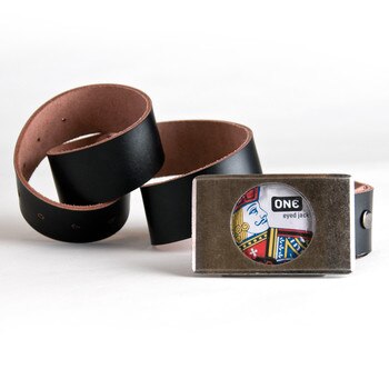 An image of the OhMiBod Lovebuckle black belt with a buckle that contains a condom and a black leather belt strap coiled to the left.