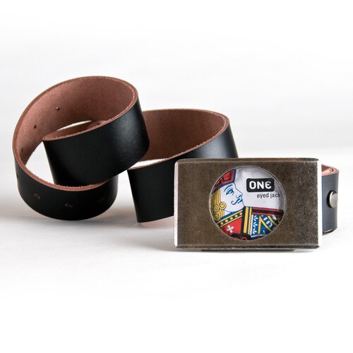 An image of the OhMiBod Lovebuckle black belt with a buckle that contains a condom and a black leather belt strap coiled to the left.