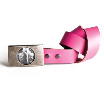 An image of the OhMiBod Lovebuckle pink belt with a buckle that contains a condom and a pink leather belt strap coiled to the right.