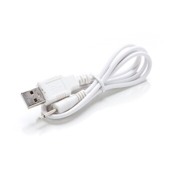 An image of a coiled white USB charging cable on a white background.