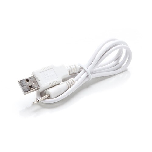 An image of a coiled white USB charging cable on a white background.