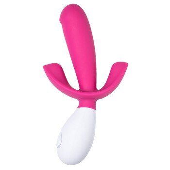 An image of the pink and white triple-stim Lovelife Adventure vibrator. It has a central shaft slightly angled for g-spot pleasure flanked by two flexible arms.