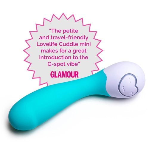 An image of the petite and powerful Lovelife Cuddle Mini flexible g-spot massager in turquoise lying on on a white background.
