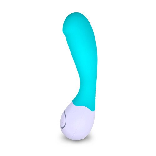 An image of the Lovelife Cuddle Mini in turquoise from the side, standing on its end on a white background.