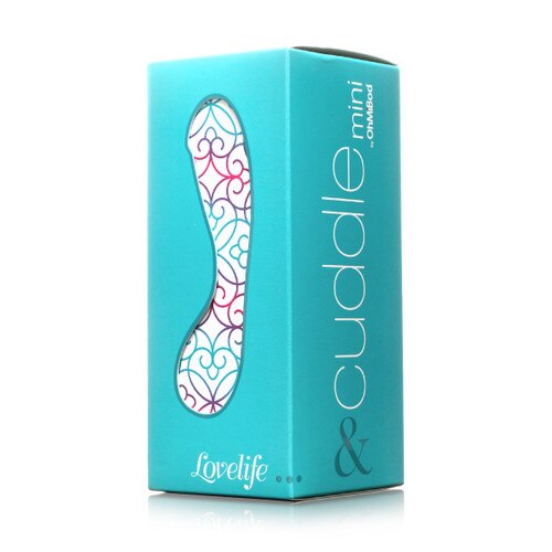An image of Lovelife Cuddle Mini turquoise's gift-ready packaging standing on a white background.