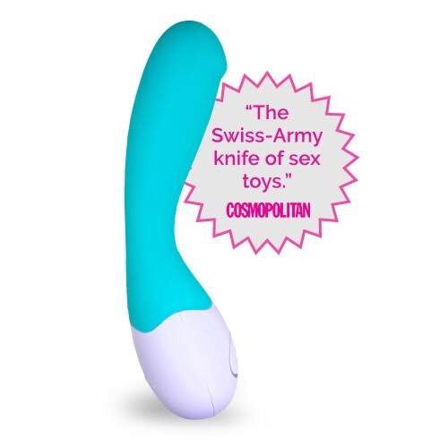 An image of the best-selling Lovelife Cuddle versatile g-spot vibrator in turquoise in profile, standing on its end on a white background.