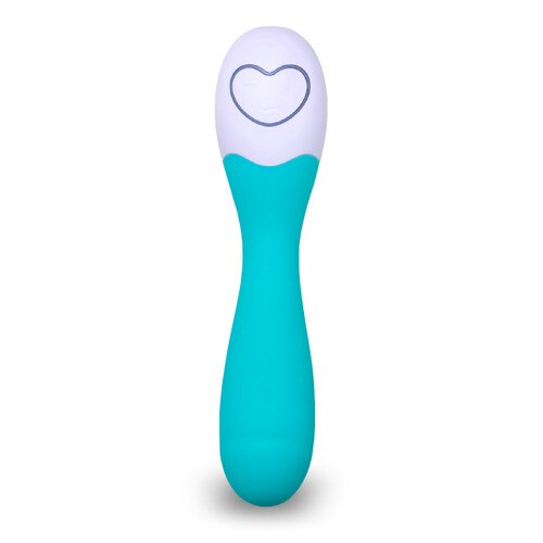 A front view of the Lovelife Cuddle massager in turquoise, showing the gentle curving design and the massager's pattern and intensity controls.